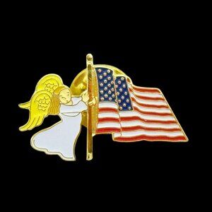 Angel Holding American Flag Gold Tone Enamel Patriotic Lapel Pin Clutch Back